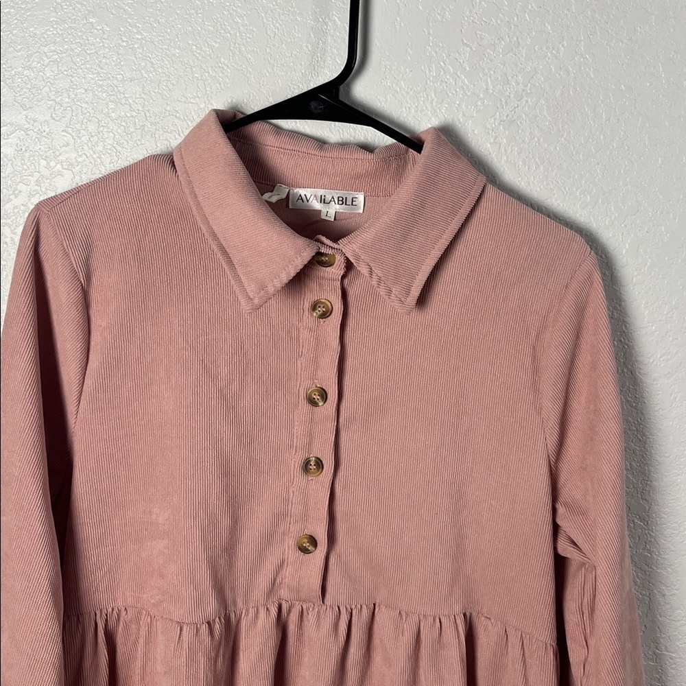 Available Pink Dress Corduroy Half Button Collared Long Sleeve Mini Sz L TC0363 - Picture 7 of 9